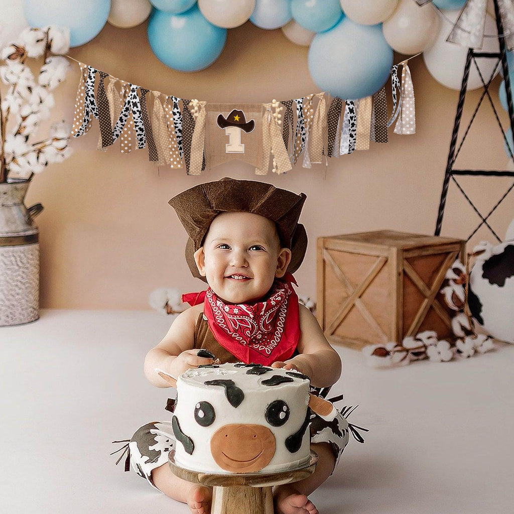 Vgaruint Cowboy Rodeo 1st Birthday High Chair Banner - Western Party Decor with Embroidered Number 1 and Cowboy Hat