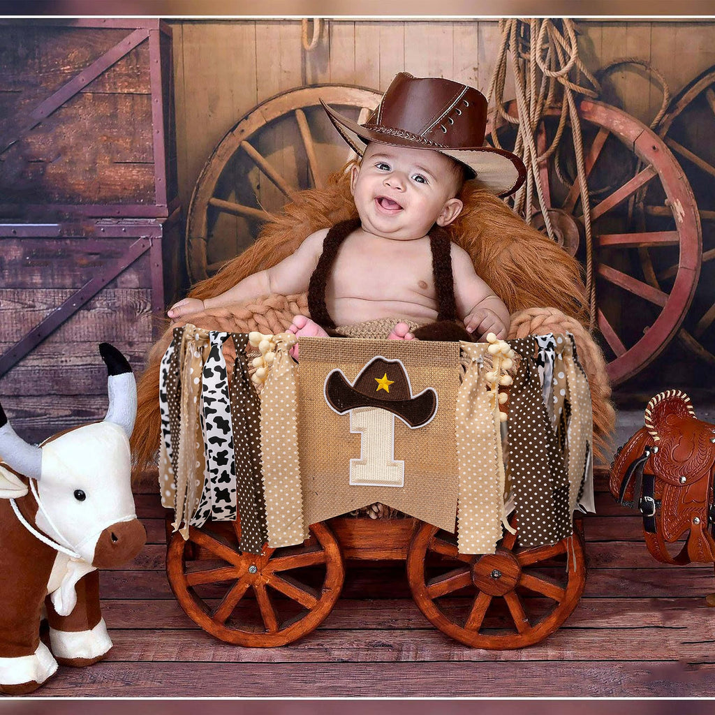 Vgaruint Cowboy Rodeo 1st Birthday High Chair Banner - Western Party Decor with Embroidered Number 1 and Cowboy Hat