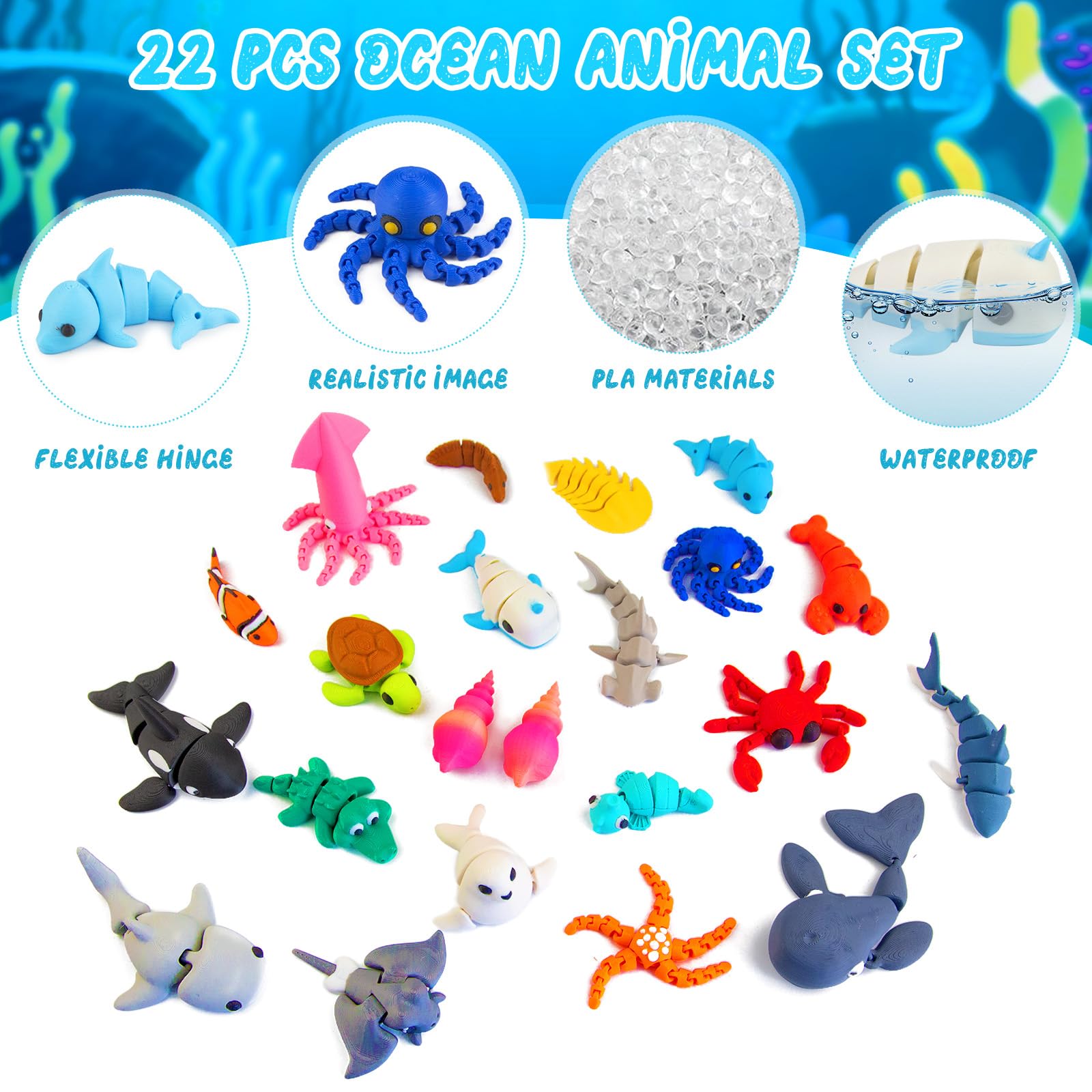 VGBEP 22-Piece 3D Printed Sea Animals Set – Articulating Ocean Creatures for Kids and Adults