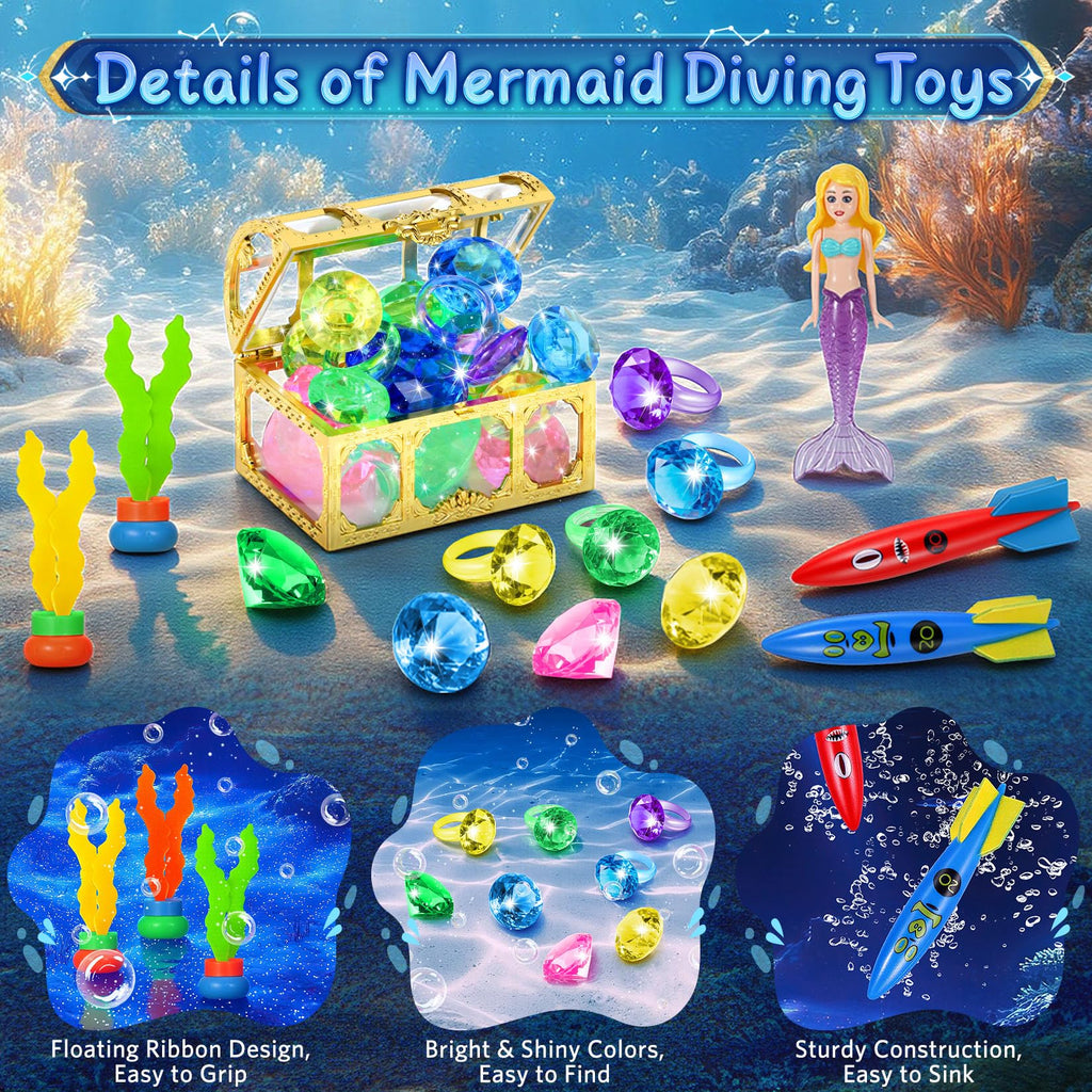 VGOFUN 21-Piece Underwater Treasure Hunt Pool Toy Set with Pirate Chest and Mesh Bag