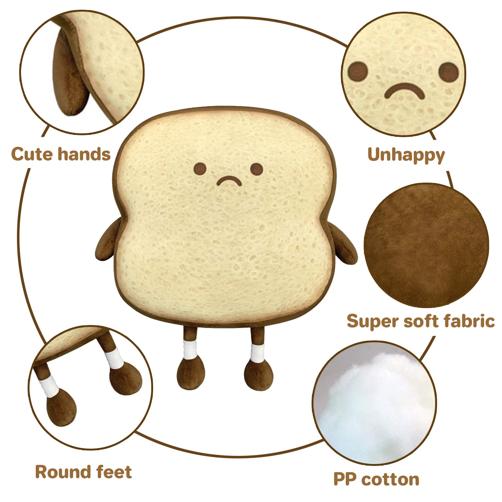 VHYHCY Toast Bread Pillow – Soft Cute Plush Toy with Happy Face (Brown)