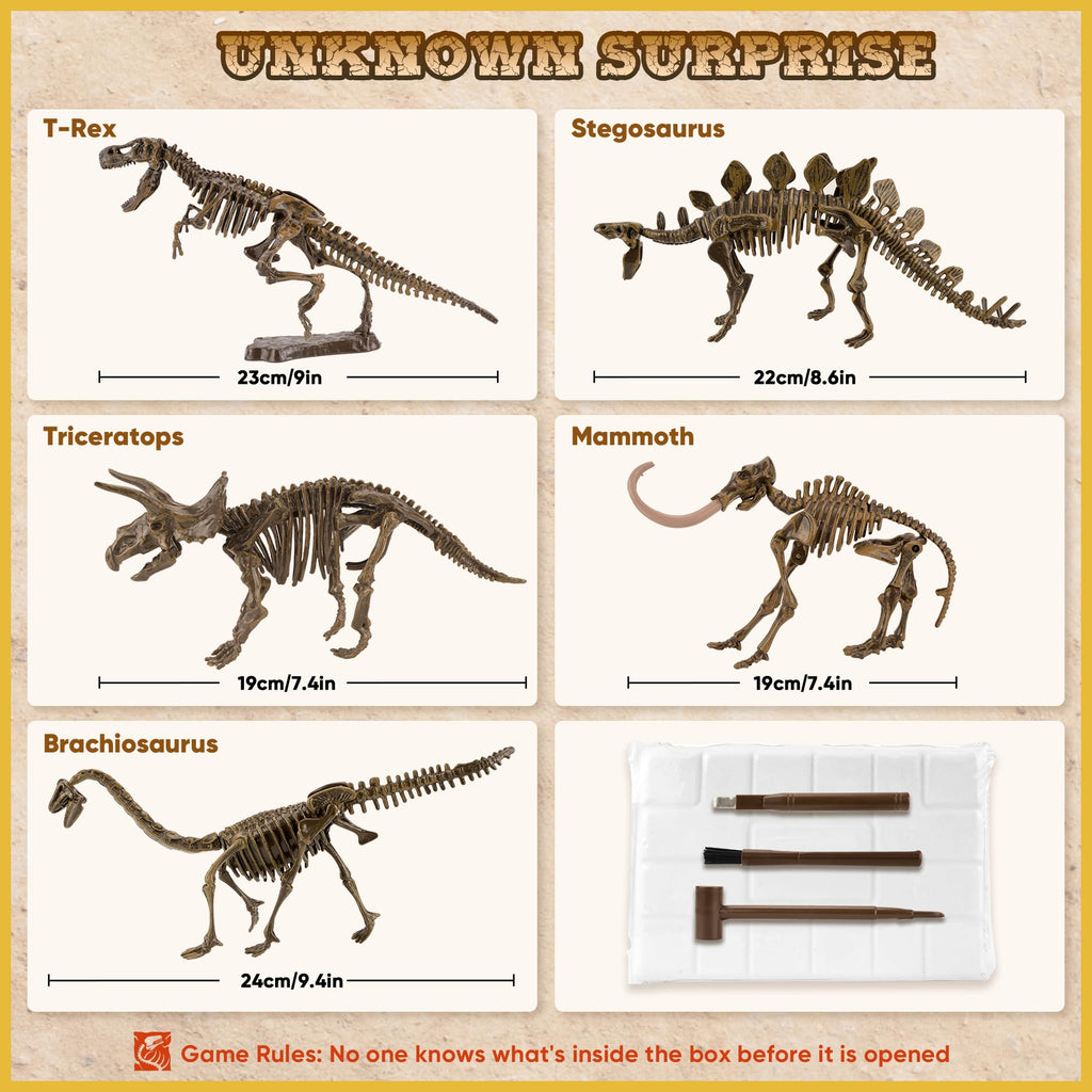 VIBIRIT Dig Up Dinosaurs Skeleton Set – Dinosaur Digging Fossil Kit for Kids 5-12, Excavation Toys with Random Surprise Model