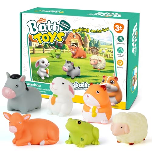 VIBOYLAR 6-Piece Light-Up Farm Animal Bath Toys for Toddlers 1-3 - Color-Changing Rubber Bath Toys with Sealed Bottoms