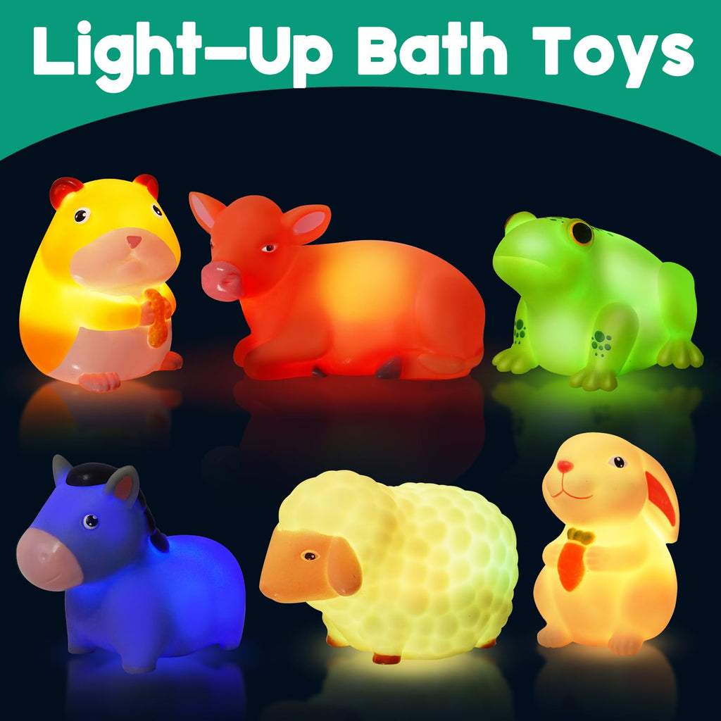VIBOYLAR 6-Piece Light-Up Farm Animal Bath Toys for Toddlers 1-3 - Color-Changing Rubber Bath Toys with Sealed Bottoms