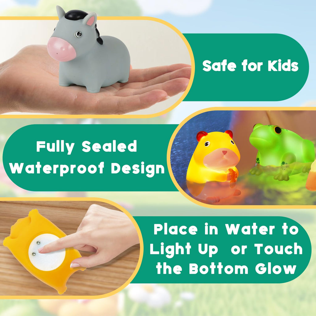 VIBOYLAR 6-Piece Light-Up Farm Animal Bath Toys for Toddlers 1-3 - Color-Changing Rubber Bath Toys with Sealed Bottoms
