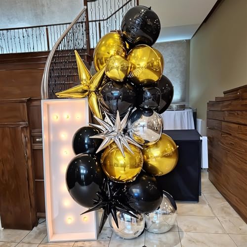 Vibzox 12-Pack Metallic Black 4D Foil Balloons (22", 15", 10") - Birthday, Graduation, Party Decorations