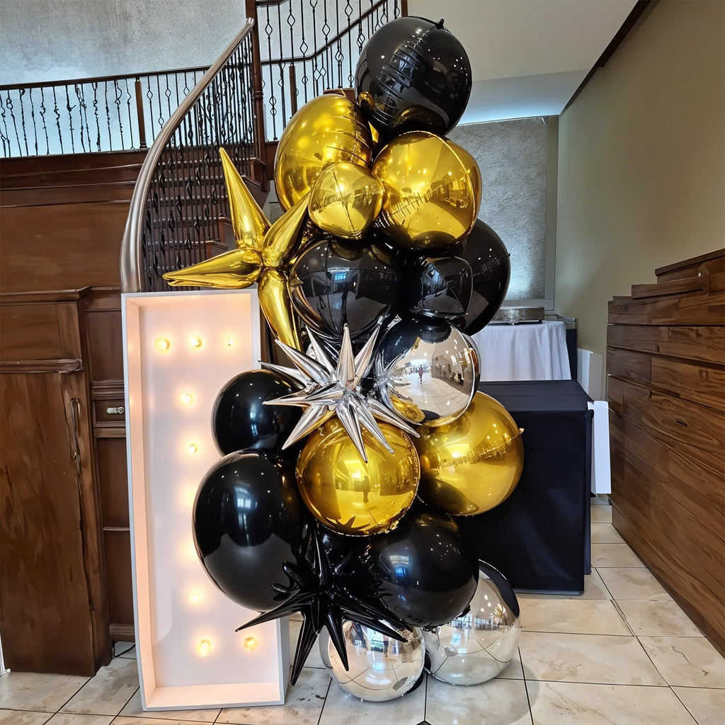 Vibzox 12-Pack Metallic Black 4D Foil Balloons (22", 15", 10") - Birthday, Graduation, Party Decorations