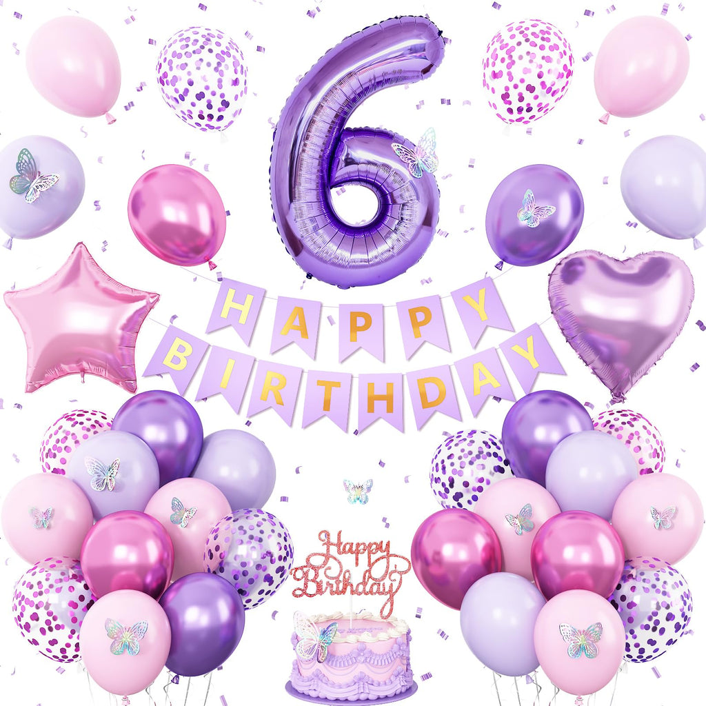 Vibzox 6th Pink Purple Birthday Decorations – 64-Piece Party Set with Balloons, Banner, Cake Topper & 3D Butterflies
