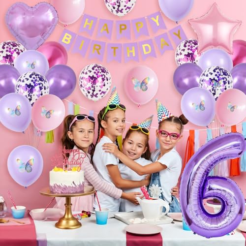 Vibzox 6th Pink Purple Birthday Decorations – 64-Piece Party Set with Balloons, Banner, Cake Topper & 3D Butterflies