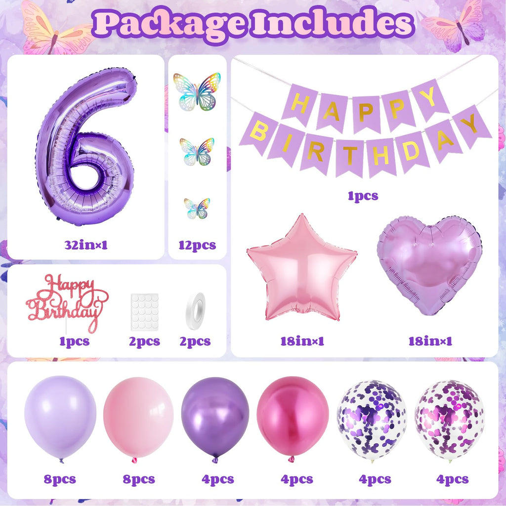 Vibzox 6th Pink Purple Birthday Decorations – 64-Piece Party Set with Balloons, Banner, Cake Topper & 3D Butterflies