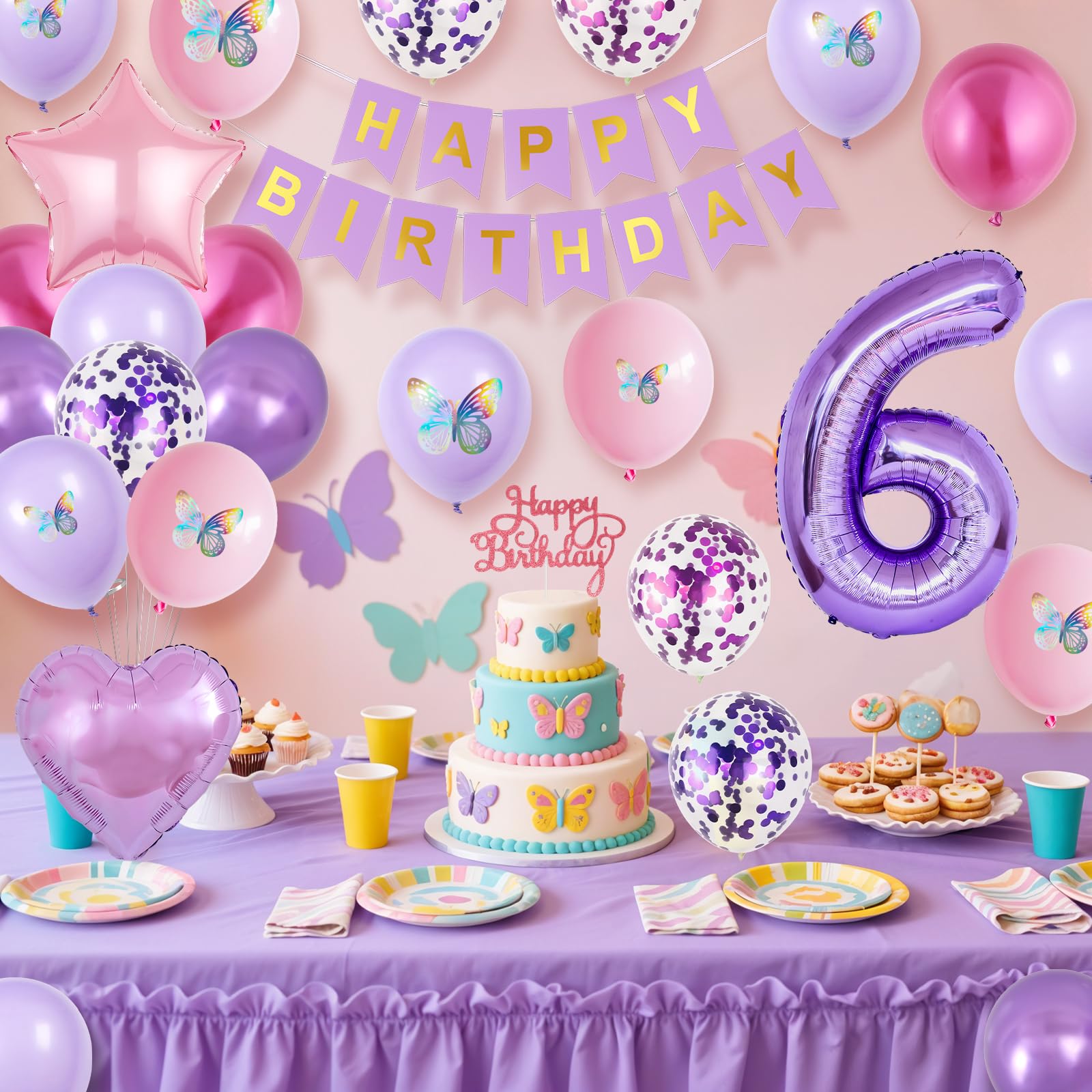 Vibzox 6th Pink Purple Birthday Decorations – 64-Piece Party Set with Balloons, Banner, Cake Topper & 3D Butterflies