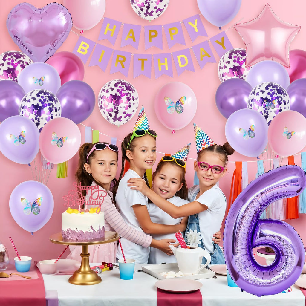 Vibzox 6th Pink Purple Birthday Decorations – 64-Piece Party Set with Balloons, Banner, Cake Topper & 3D Butterflies
