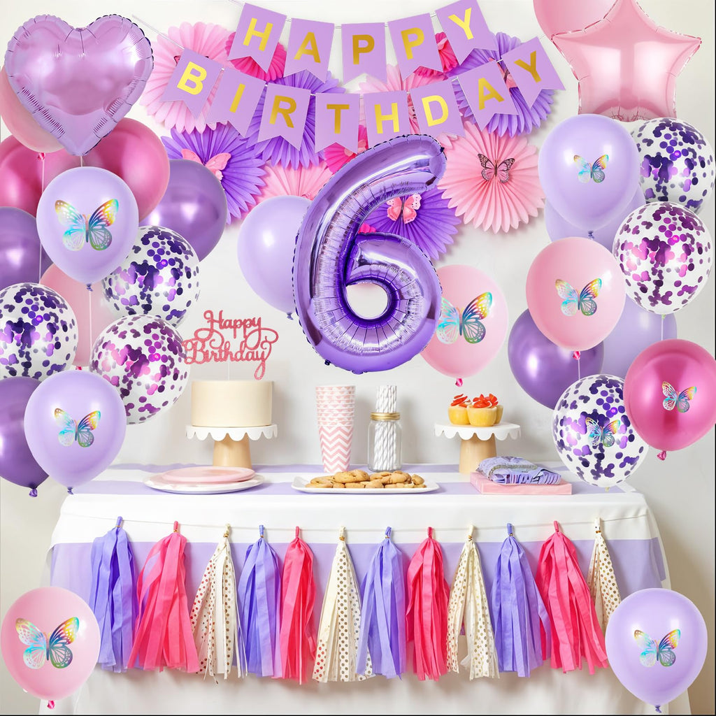 Vibzox 6th Pink Purple Birthday Decorations – 64-Piece Party Set with Balloons, Banner, Cake Topper & 3D Butterflies