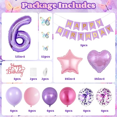 Vibzox 6th Pink Purple Birthday Decorations – 64-Piece Party Set with Balloons, Banner, Cake Topper & 3D Butterflies