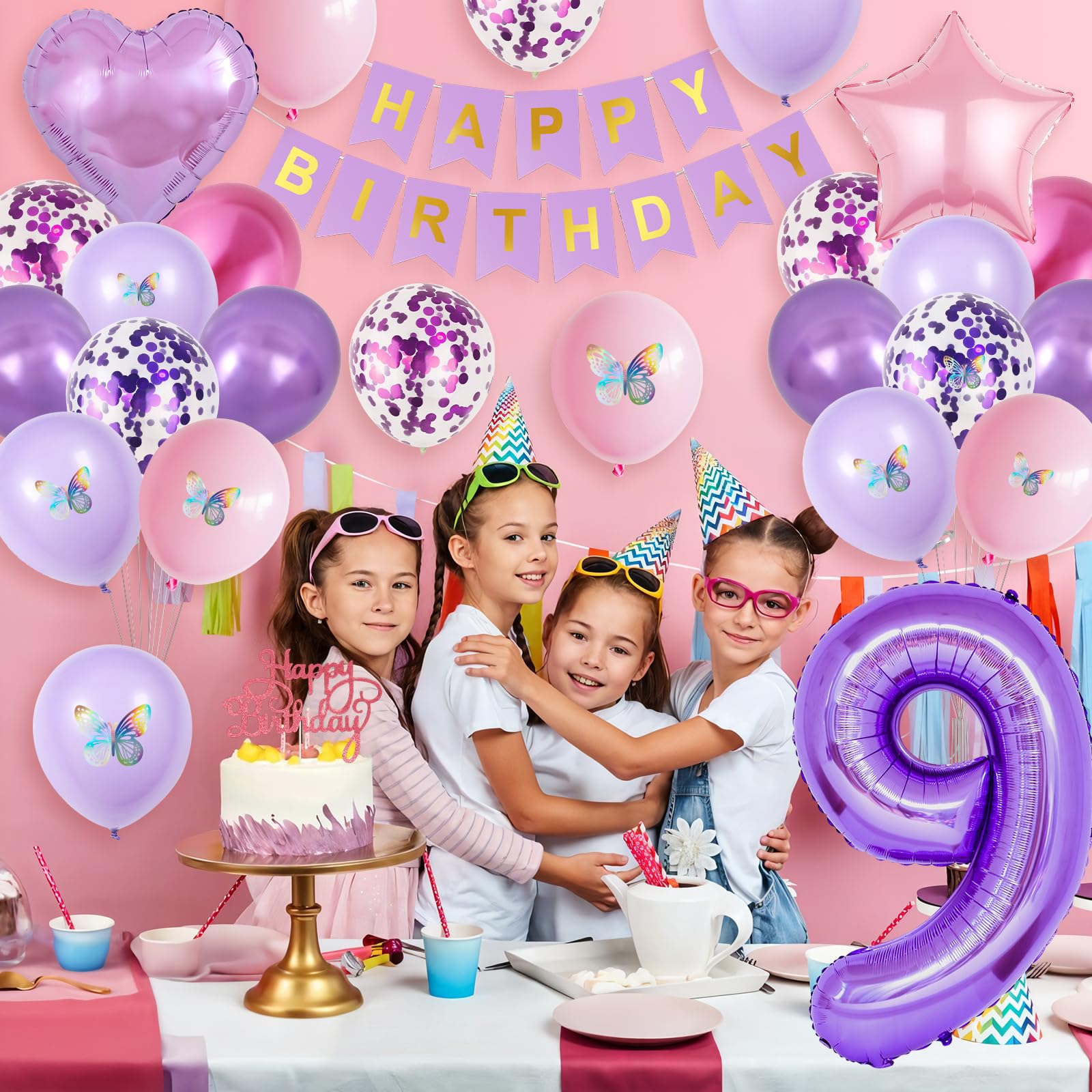 Vibzox 9th Birthday Decorations for Girl – Pink Purple Butterfly Party Set with 32 Balloons, Banner, Cake Topper