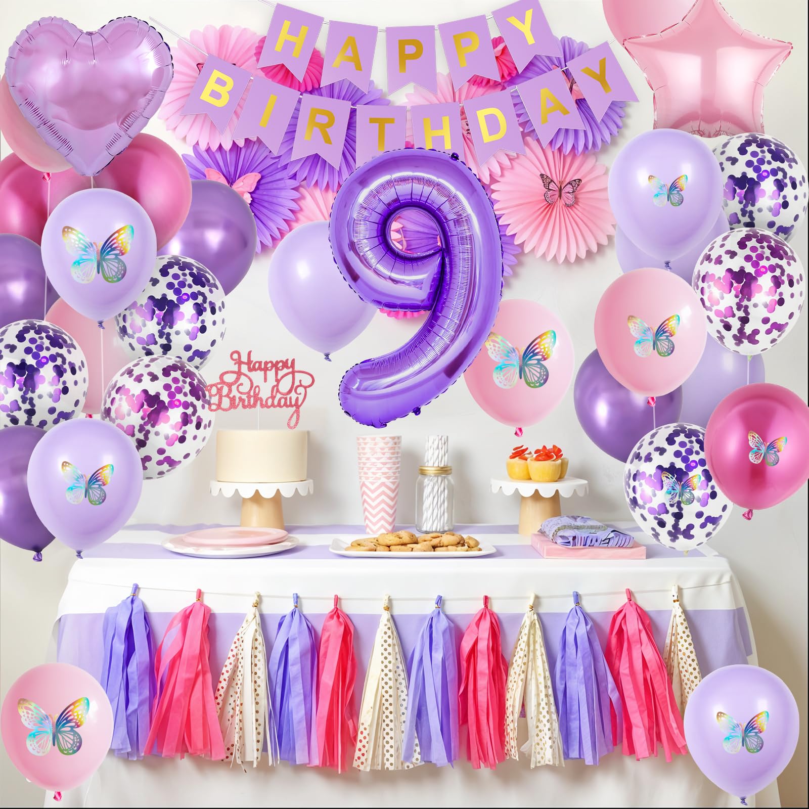Vibzox 9th Birthday Decorations for Girl – Pink Purple Butterfly Party Set with 32 Balloons, Banner, Cake Topper