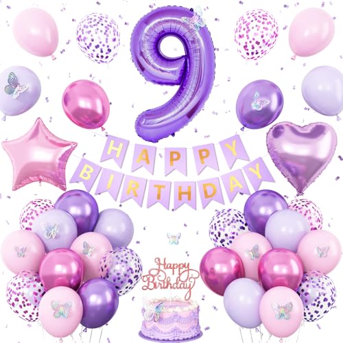 Vibzox 9th Birthday Decorations for Girl – Pink Purple Butterfly Party Set with 32 Balloons, Banner, Cake Topper