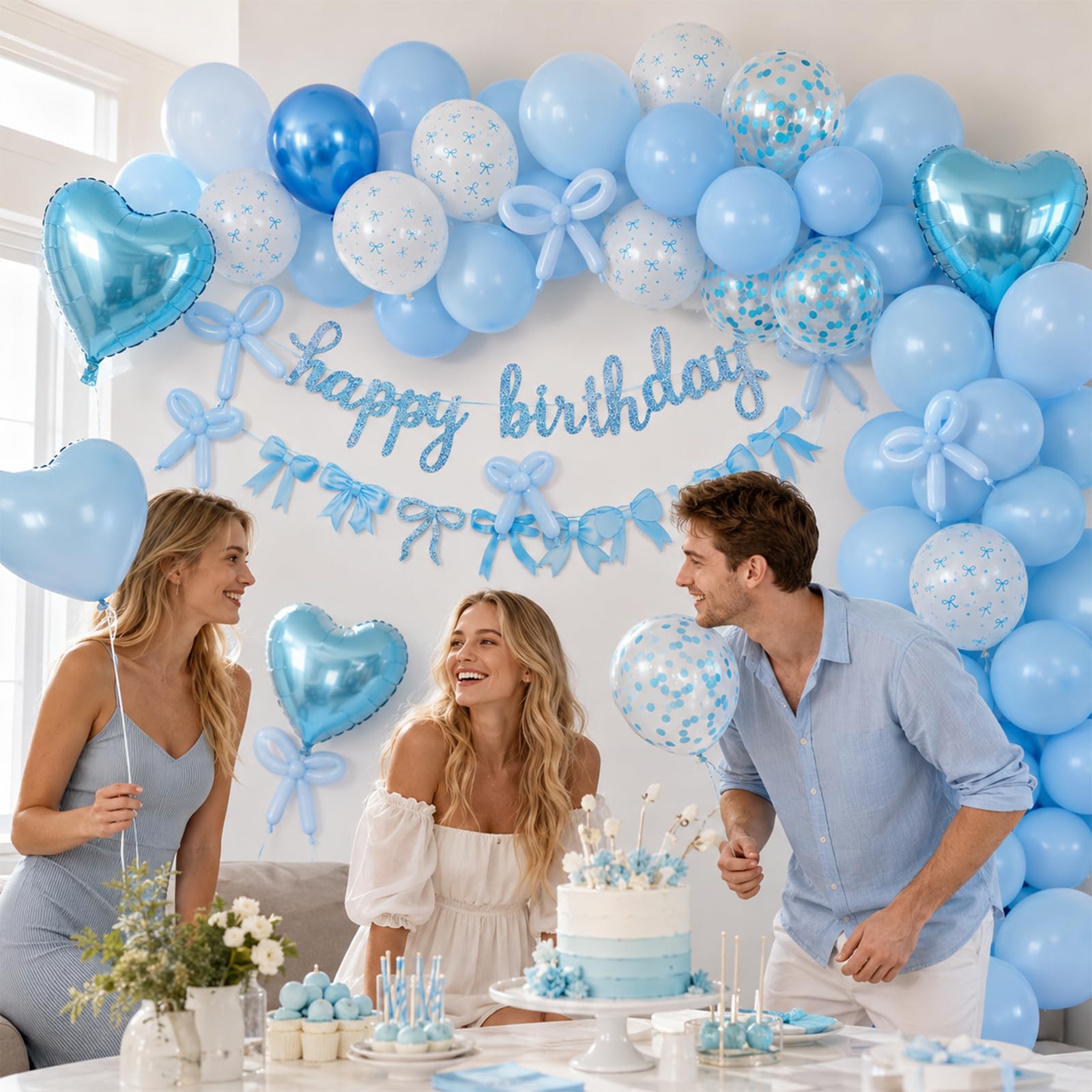 Vibzox Blue Bow Birthday Decorations Kit – Coquette Party Set with Banner, Balloons & Heart Foil