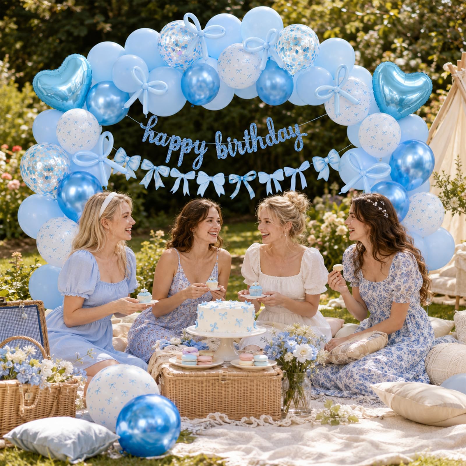 Vibzox Blue Bow Birthday Decorations Kit – Coquette Party Set with Banner, Balloons & Heart Foil