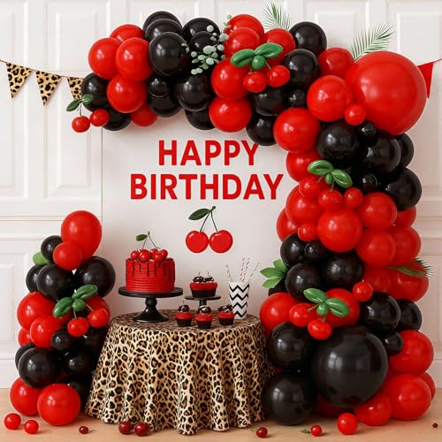 Vibzox Cherry Balloon Garland Arch Kit – 112 Red, Black & Green Balloons with Cheetah Print Foil for Baby Shower, Birthday, Wedding, Bachelorette Decor
