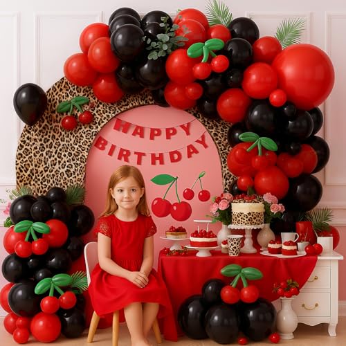 Vibzox Cherry Balloon Garland Arch Kit – 112 Red, Black & Green Balloons with Cheetah Print Foil for Baby Shower, Birthday, Wedding, Bachelorette Decor