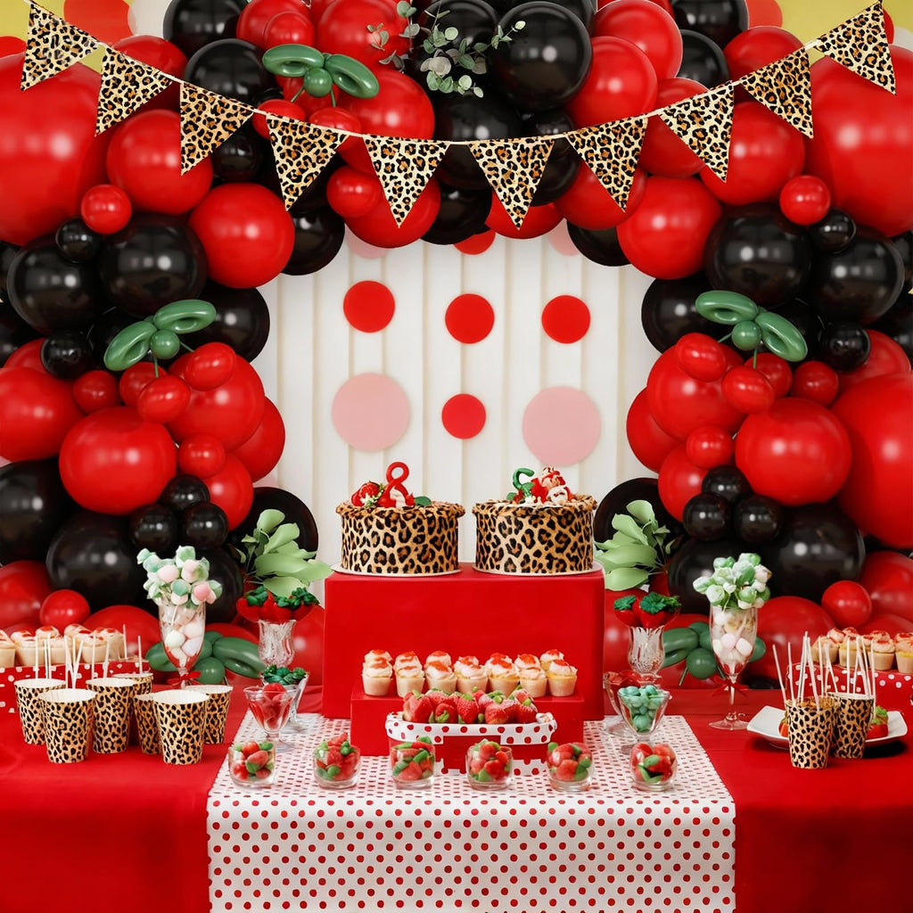 Vibzox Cherry Balloon Garland Arch Kit – 112 Red, Black & Green Balloons with Cheetah Print Foil for Baby Shower, Birthday, Wedding, Bachelorette Decor
