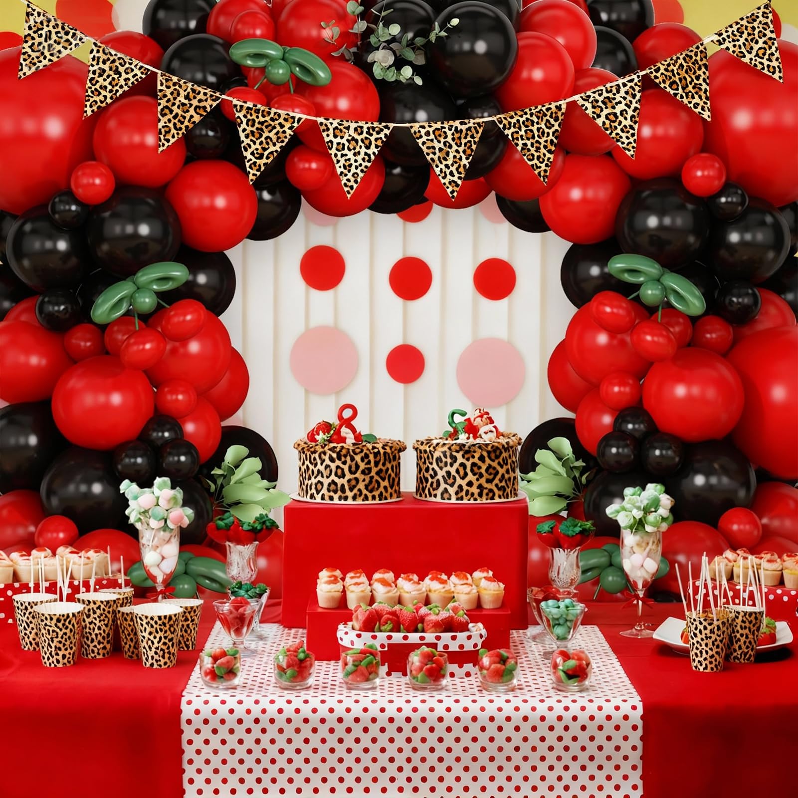 Vibzox Cherry Balloon Garland Arch Kit – 112 Red, Black & Green Balloons with Cheetah Print Foil for Baby Shower, Birthday, Wedding, Bachelorette Decor