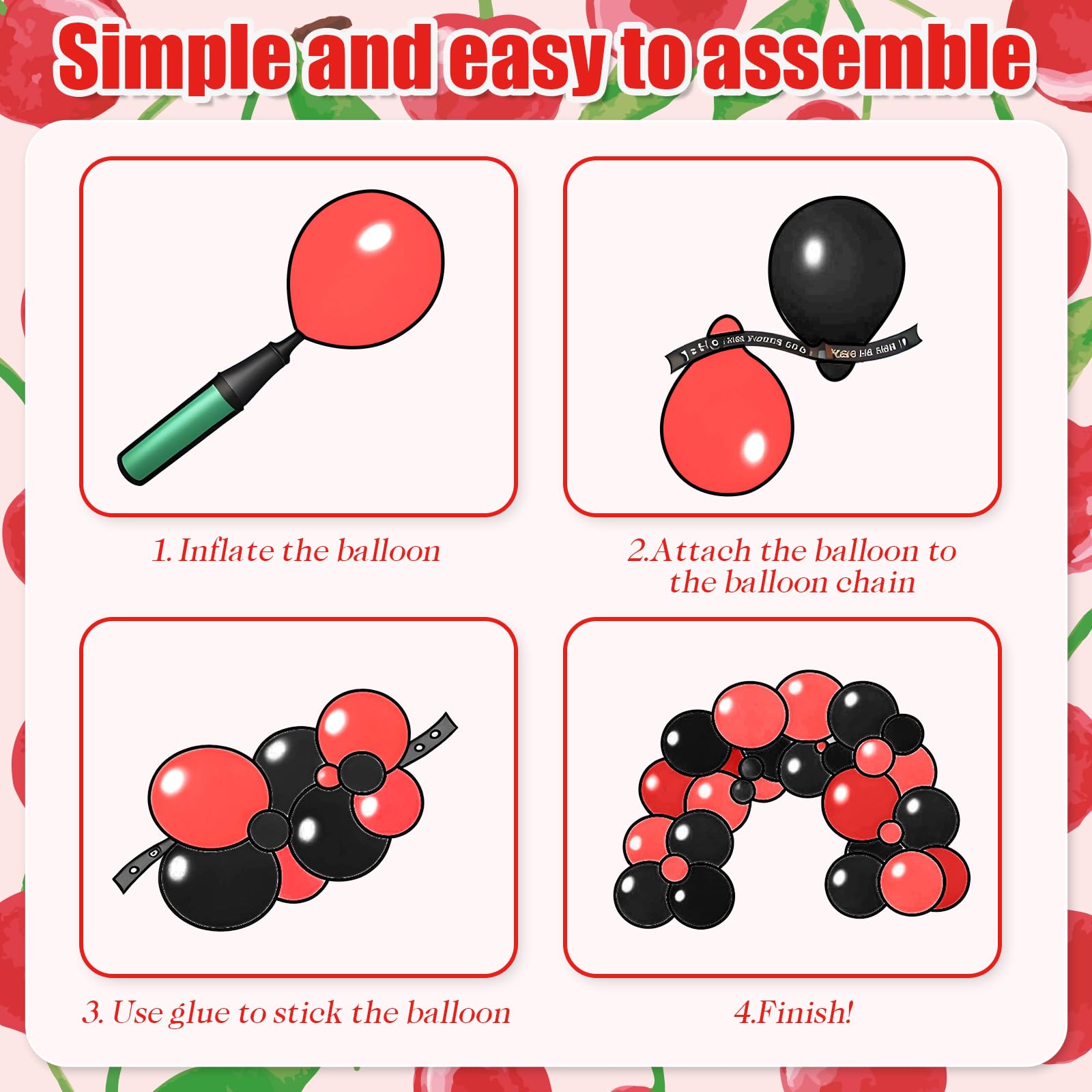 Vibzox Cherry Balloon Garland Arch Kit – 112 Red, Black & Green Balloons with Cheetah Print Foil for Baby Shower, Birthday, Wedding, Bachelorette Decor