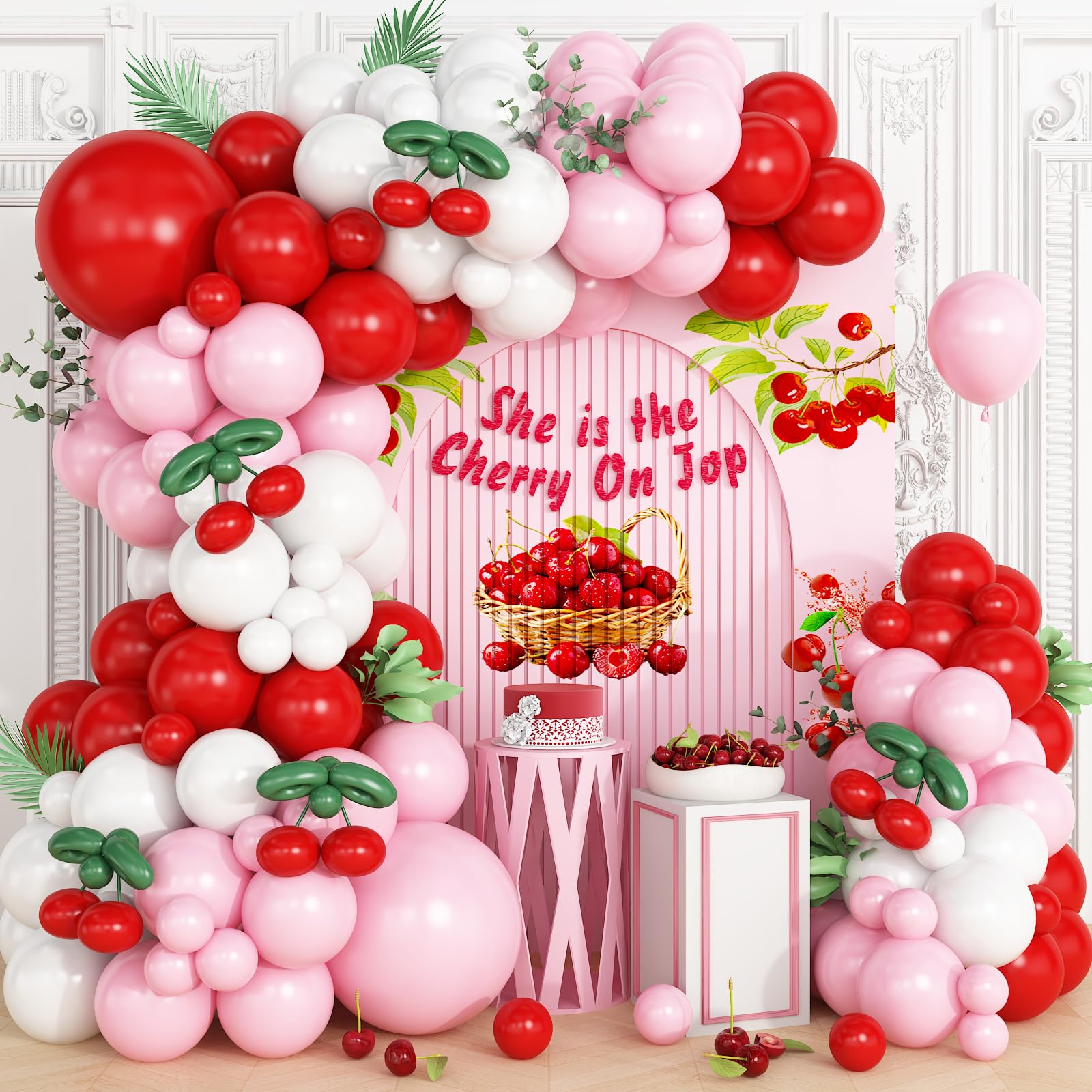 Vibzox Cherry Balloon Garland Arch Kit – 112 Red, Pink, White & Green Balloons for Birthdays, Baby Showers & Weddings
