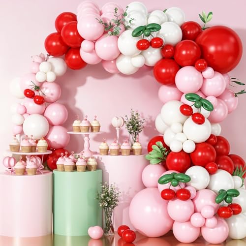 Vibzox Cherry Balloon Garland Arch Kit – 112 Red, Pink, White & Green Balloons for Birthdays, Baby Showers & Weddings