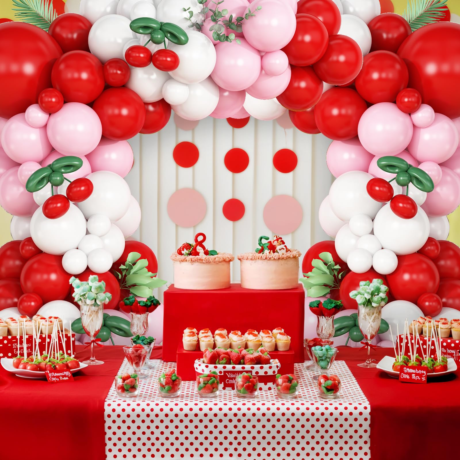 Vibzox Cherry Balloon Garland Arch Kit – 112 Red, Pink, White & Green Balloons for Birthdays, Baby Showers & Weddings
