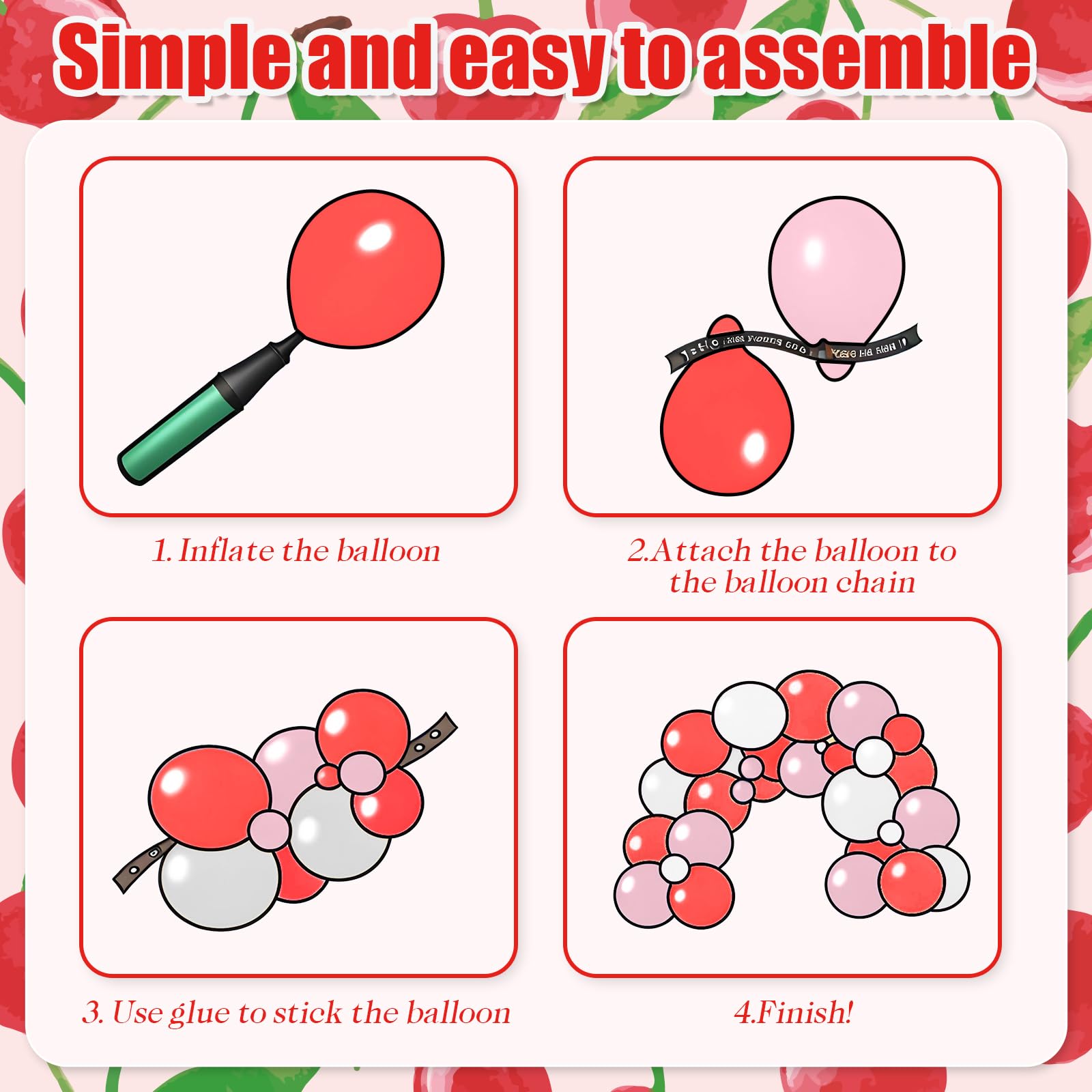 Vibzox Cherry Balloon Garland Arch Kit – 112 Red, Pink, White & Green Balloons for Birthdays, Baby Showers & Weddings