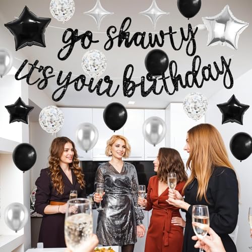 Vibzox Go Shawty It's Your Birthday Banner & Balloon Set – Black & Silver Hip Hop Party Decor