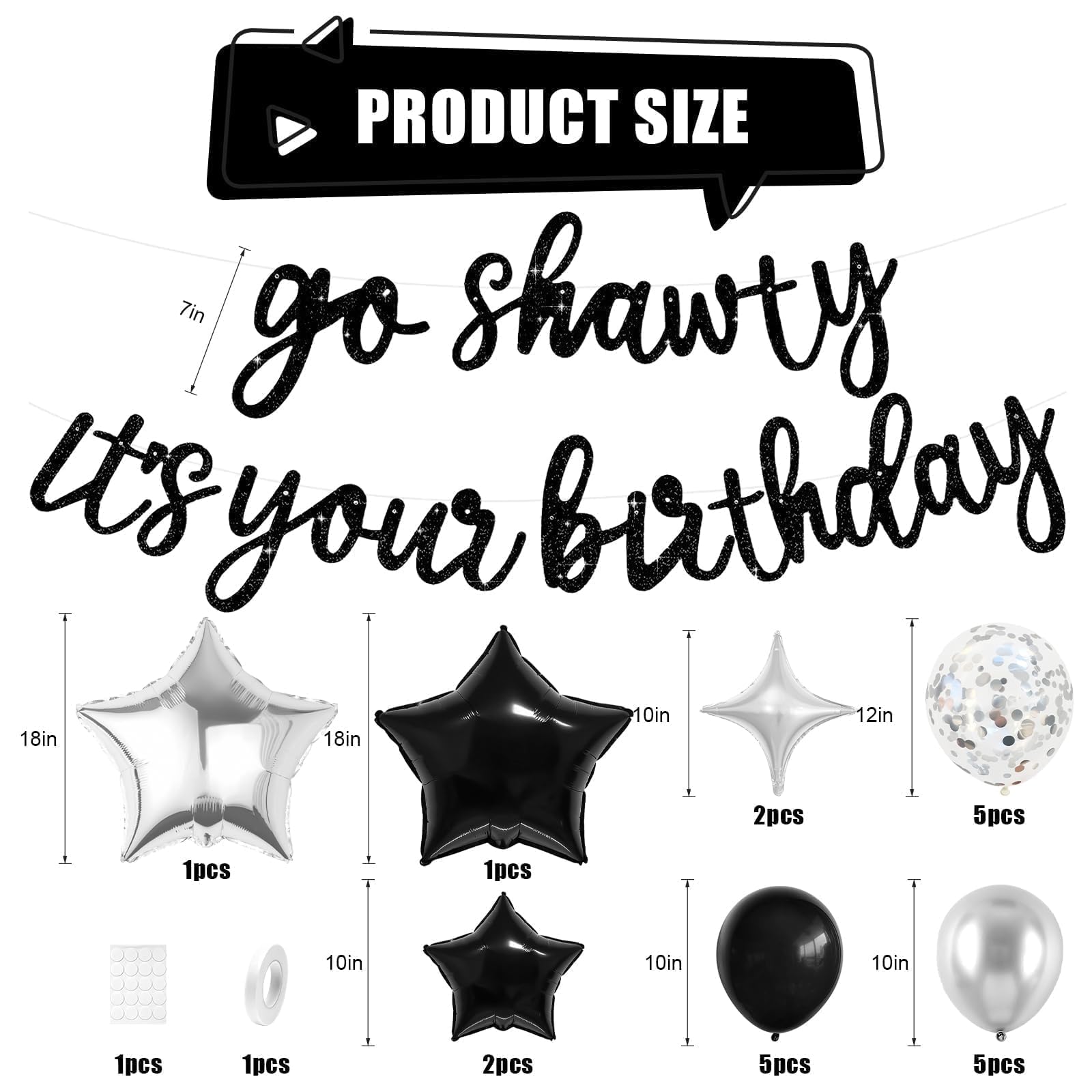 Vibzox Go Shawty It's Your Birthday Banner & Balloon Set – Black & Silver Hip Hop Party Decor