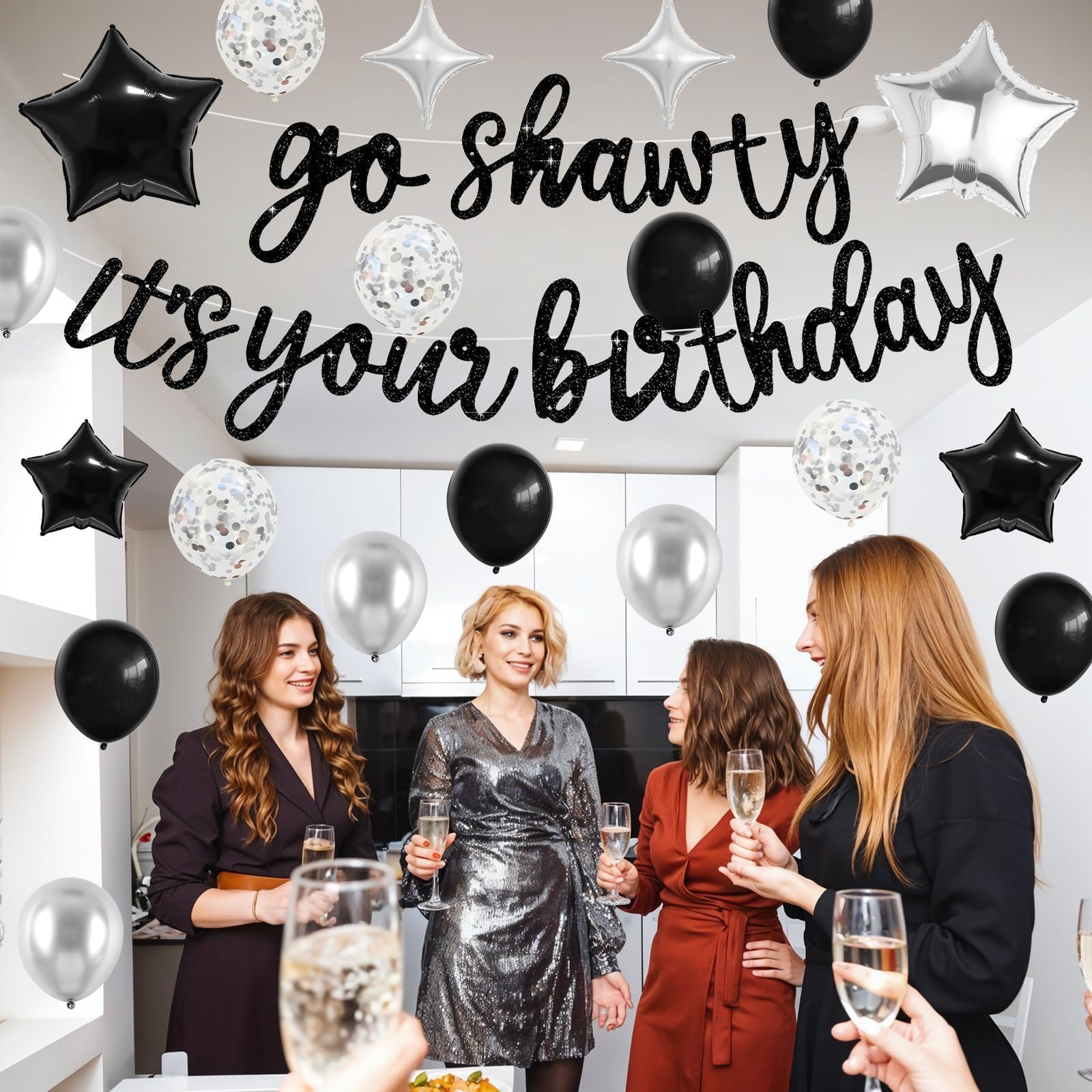 Vibzox Go Shawty It's Your Birthday Banner & Balloon Set – Black & Silver Hip Hop Party Decor