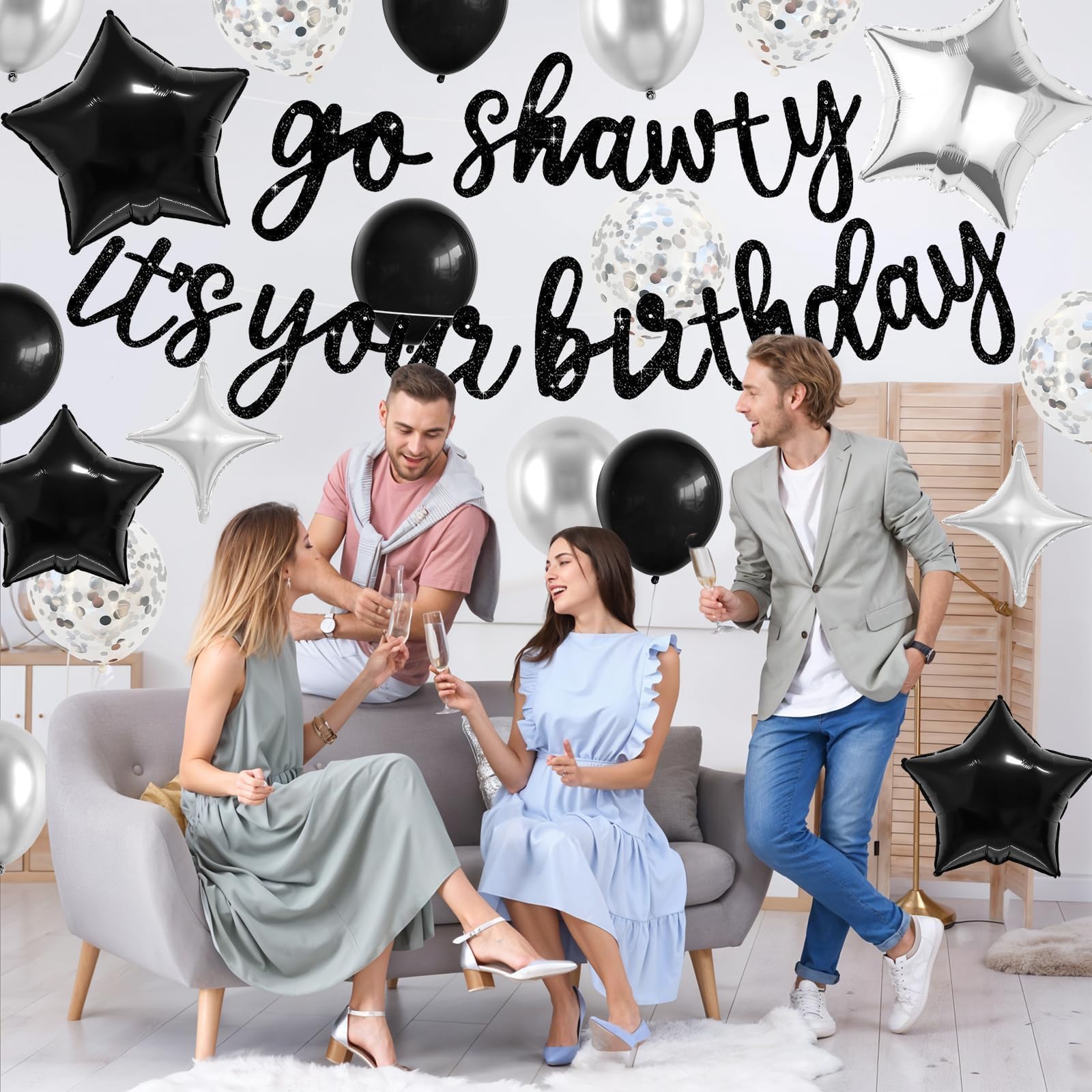 Vibzox Go Shawty It's Your Birthday Banner & Balloon Set – Black & Silver Hip Hop Party Decor