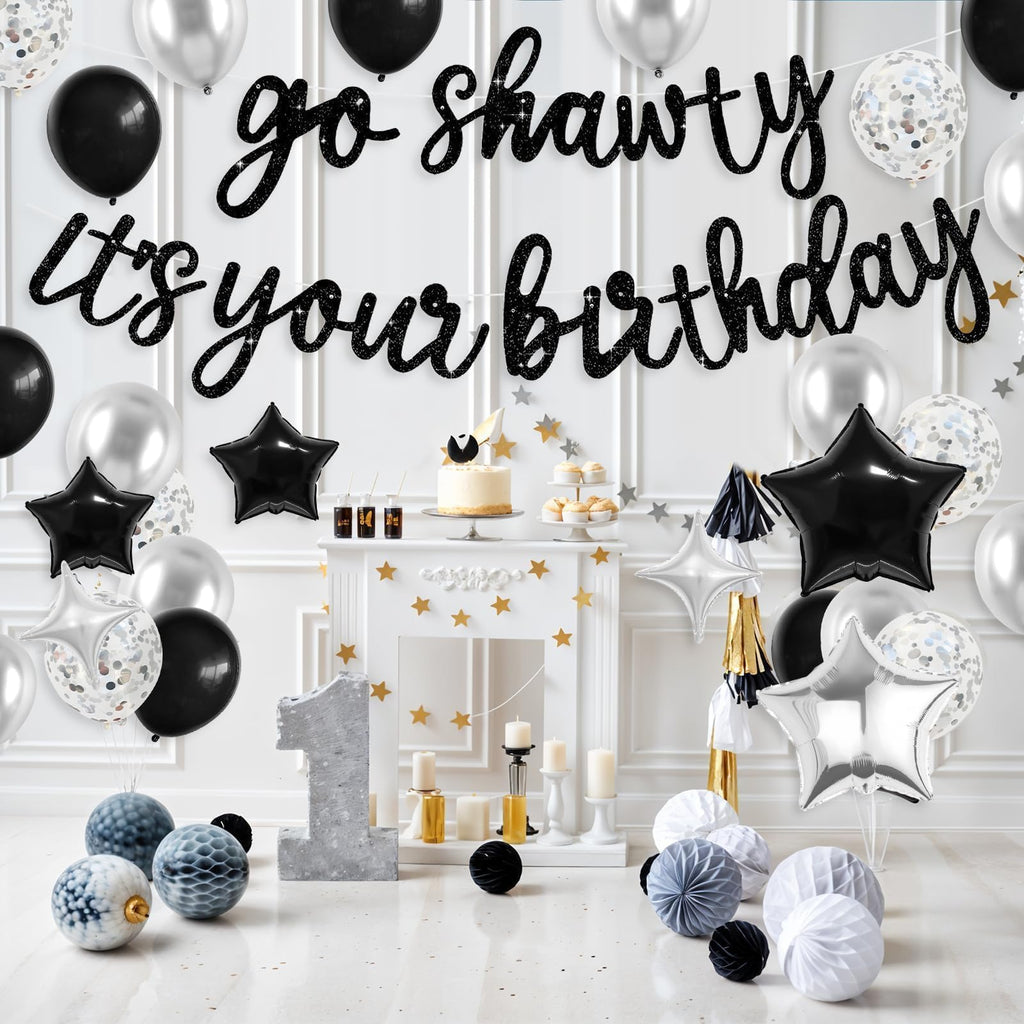 Vibzox Go Shawty It's Your Birthday Banner & Balloon Set – Black & Silver Hip Hop Party Decor