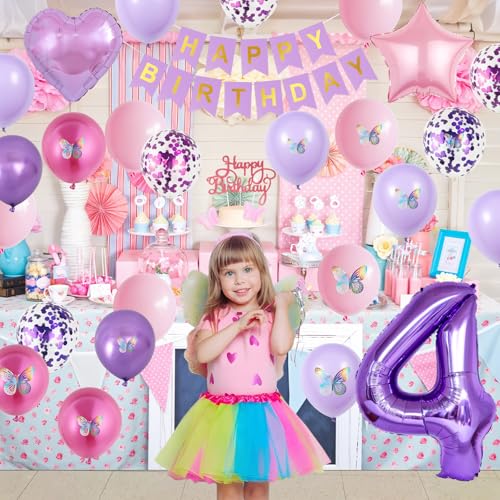 Vibzox Pink Purple 4th Birthday Decorations Set with Balloons, Banner, Cake Topper, and Butterfly Decor