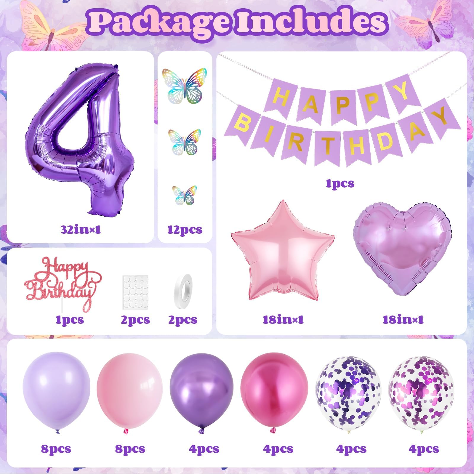 Vibzox Pink Purple 4th Birthday Decorations Set with Balloons, Banner, Cake Topper, and Butterfly Decor