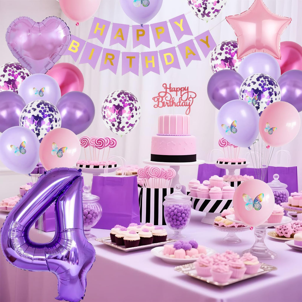 Vibzox Pink Purple 4th Birthday Decorations Set with Balloons, Banner, Cake Topper, and Butterfly Decor