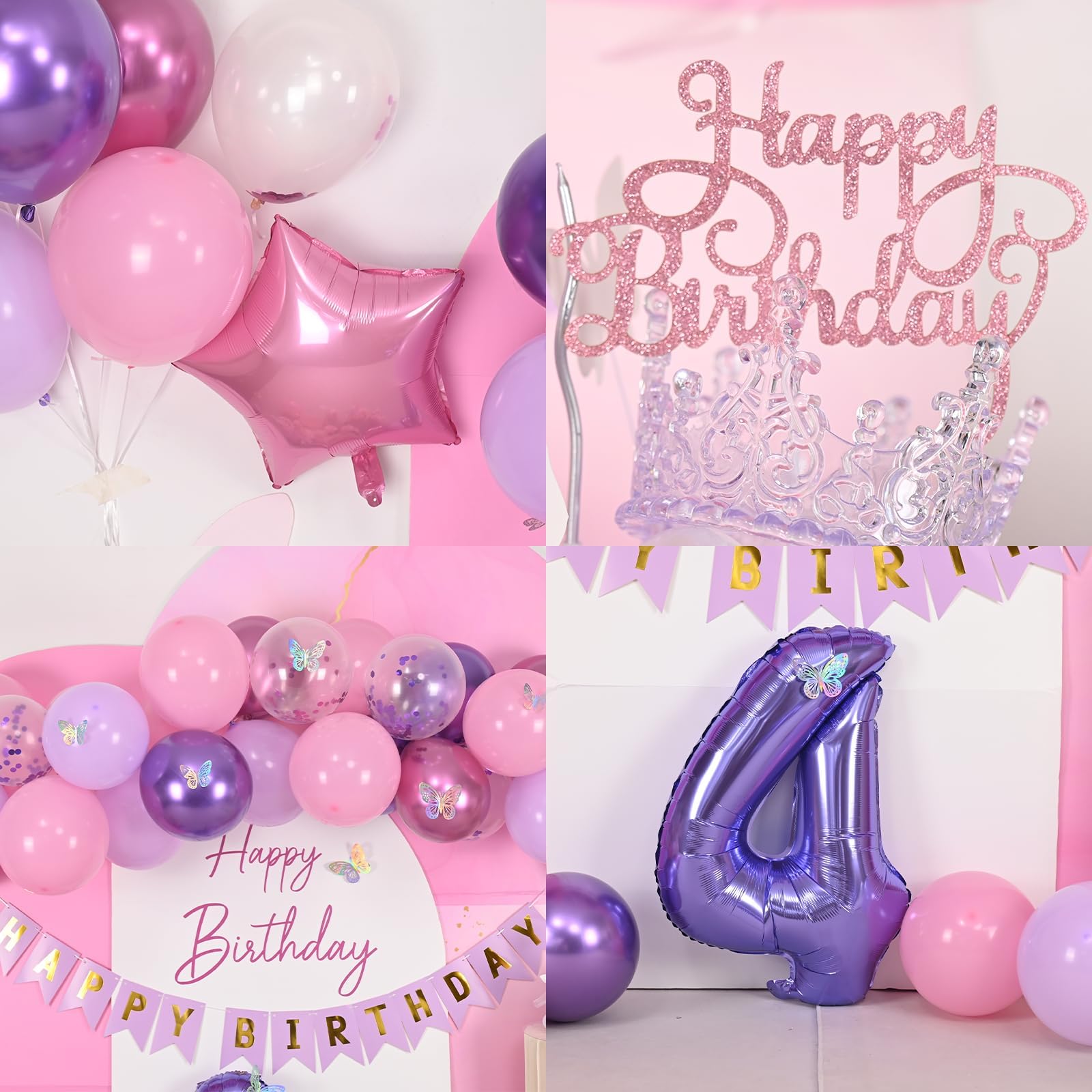 Vibzox Pink Purple 4th Birthday Decorations Set with Balloons, Banner, Cake Topper, and Butterfly Decor