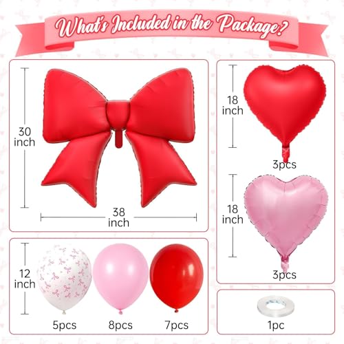 Vibzox Red Bow Balloon Set – 38" Foil Bow & Heart Balloons for Parties