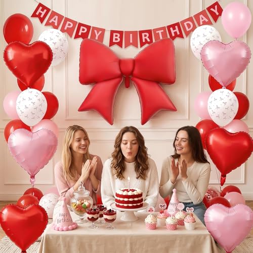 Vibzox Red Bow Balloon Set – 38" Foil Bow & Heart Balloons for Parties