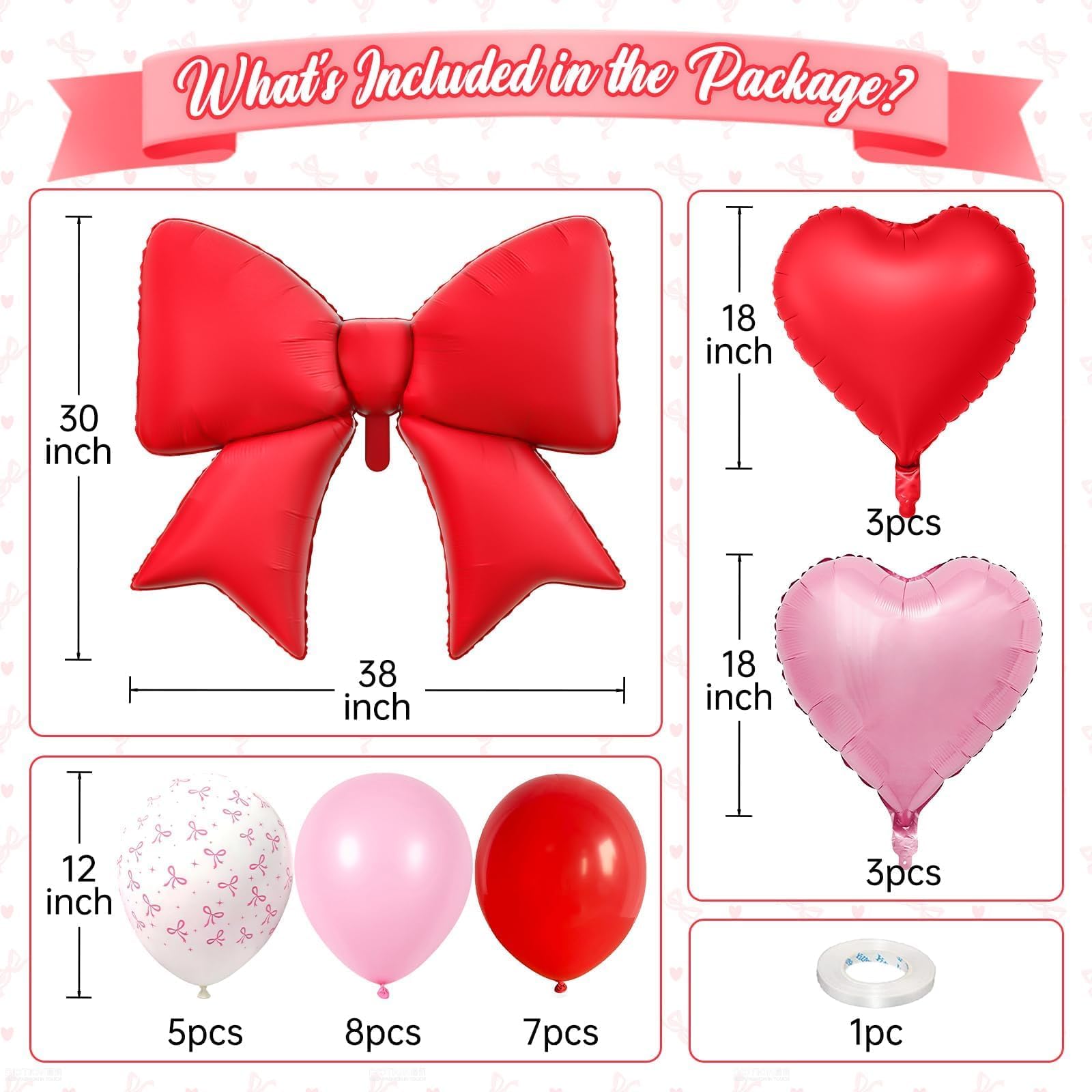 Vibzox Red Bow Balloon Set – 38" Foil Bow & Heart Balloons for Parties