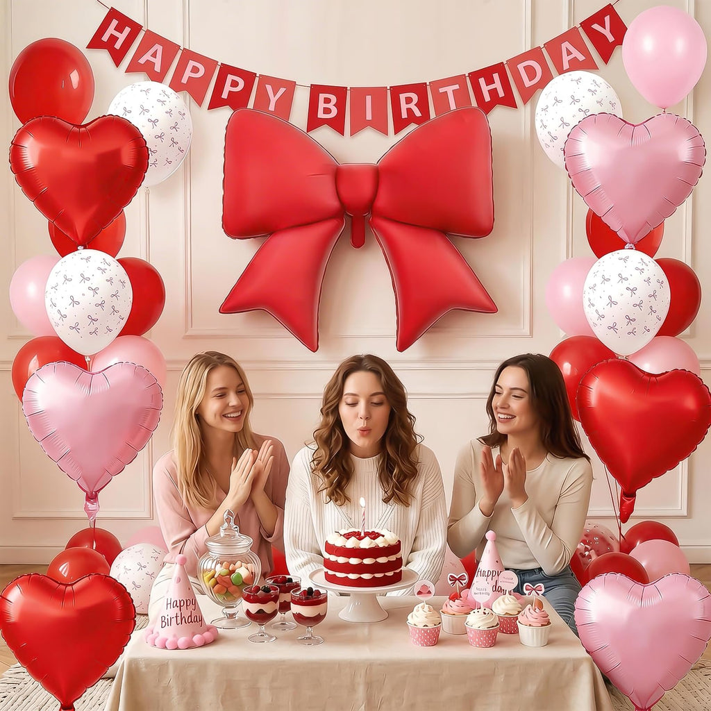 Vibzox Red Bow Balloon Set – 38" Foil Bow & Heart Balloons for Parties