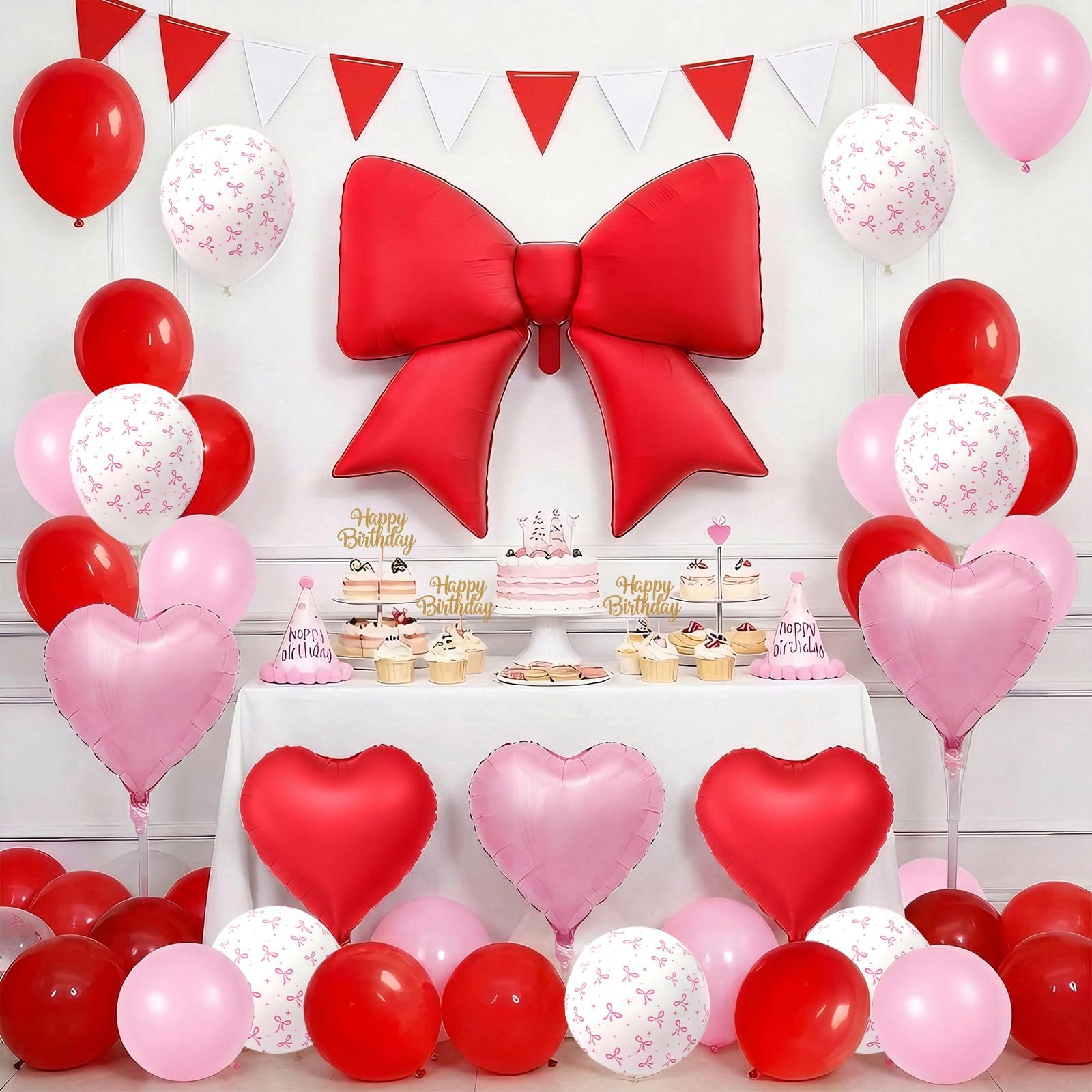 Vibzox Red Bow Balloon Set – 38" Foil Bow & Heart Balloons for Parties