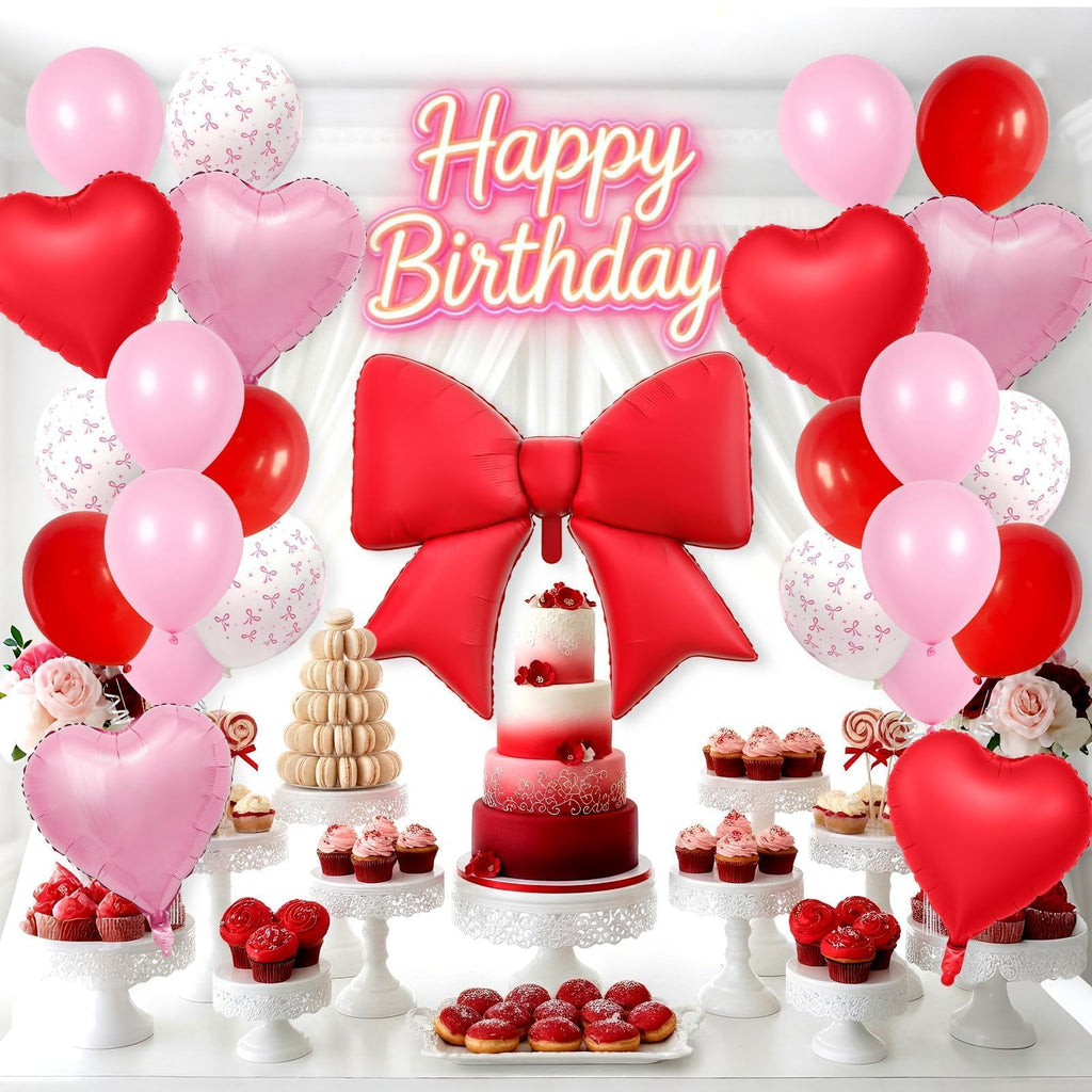 Vibzox Red Bow Balloon Set – 38" Foil Bow & Heart Balloons for Parties