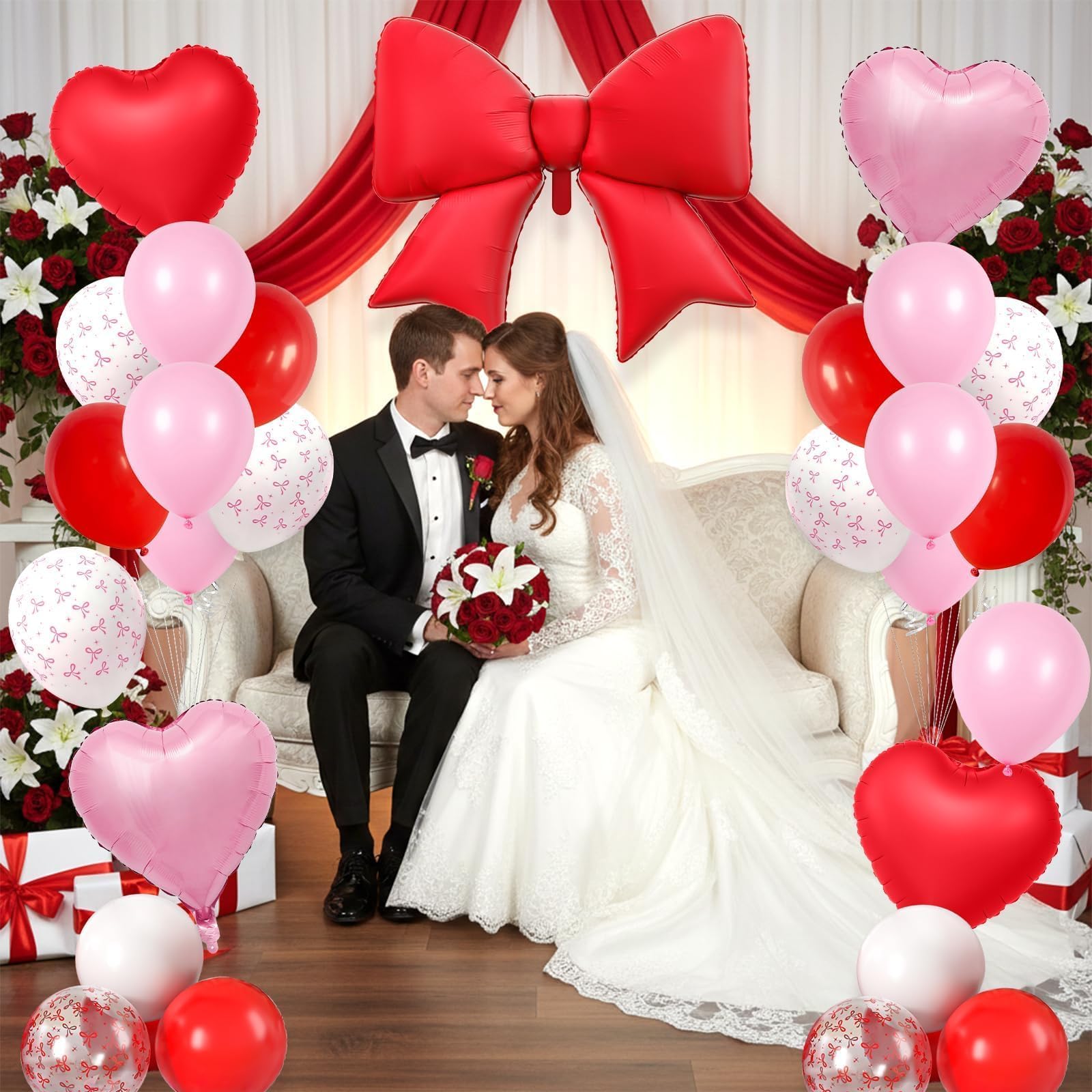 Vibzox Red Bow Balloon Set – 38" Foil Bow & Heart Balloons for Parties