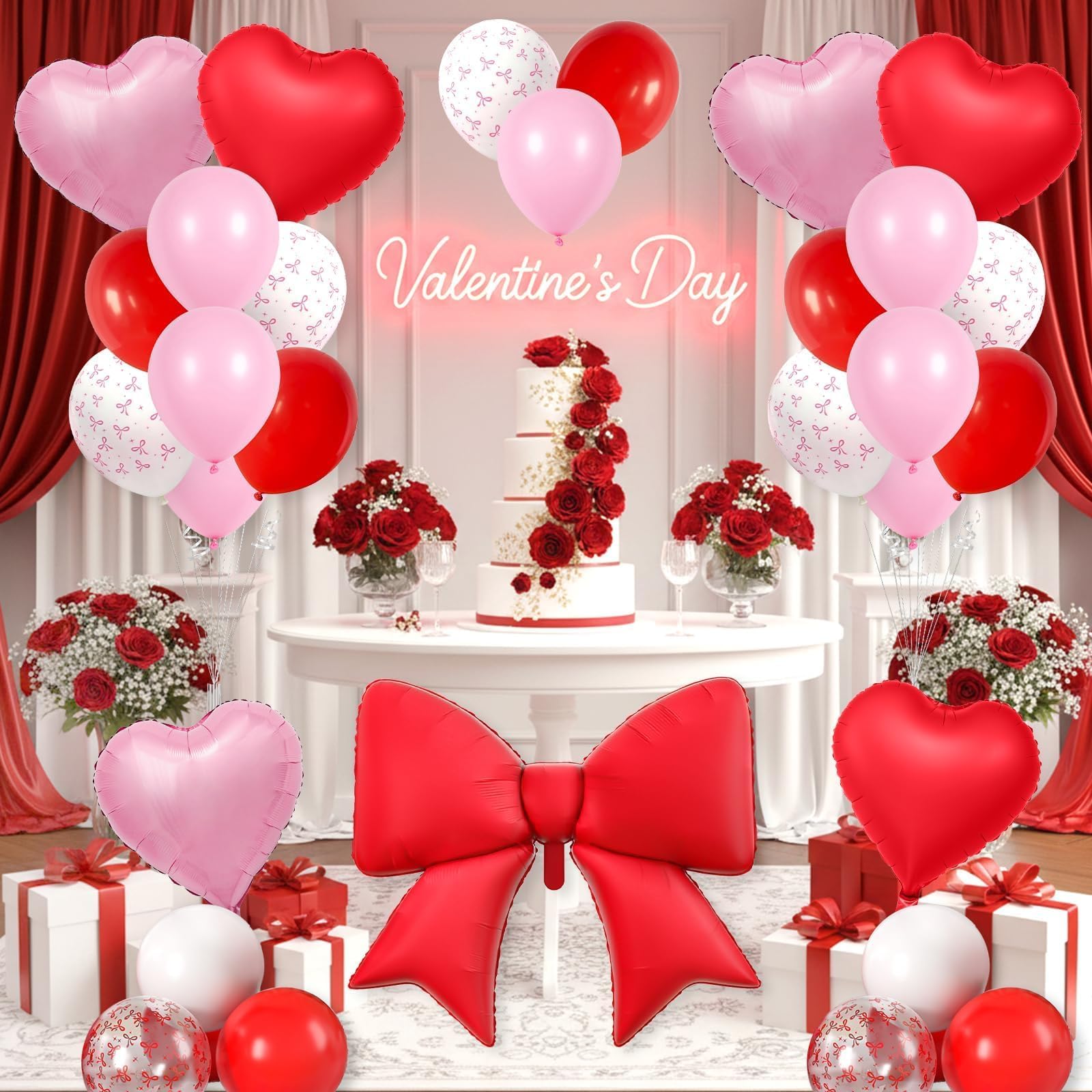 Vibzox Red Bow Balloon Set – 38" Foil Bow & Heart Balloons for Parties