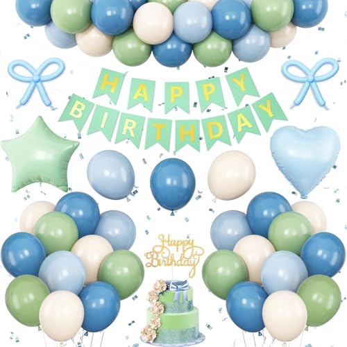 Vibzox Sage Green and Blue Birthday Decorations Set – 40 Latex Balloons, Foil Heart & Star, Banner, Cake Topper